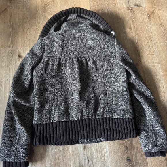 Zara vtg chocolate brown houndstooth cocoon funnel neck wool blend coat size L - Picture 5 of 5